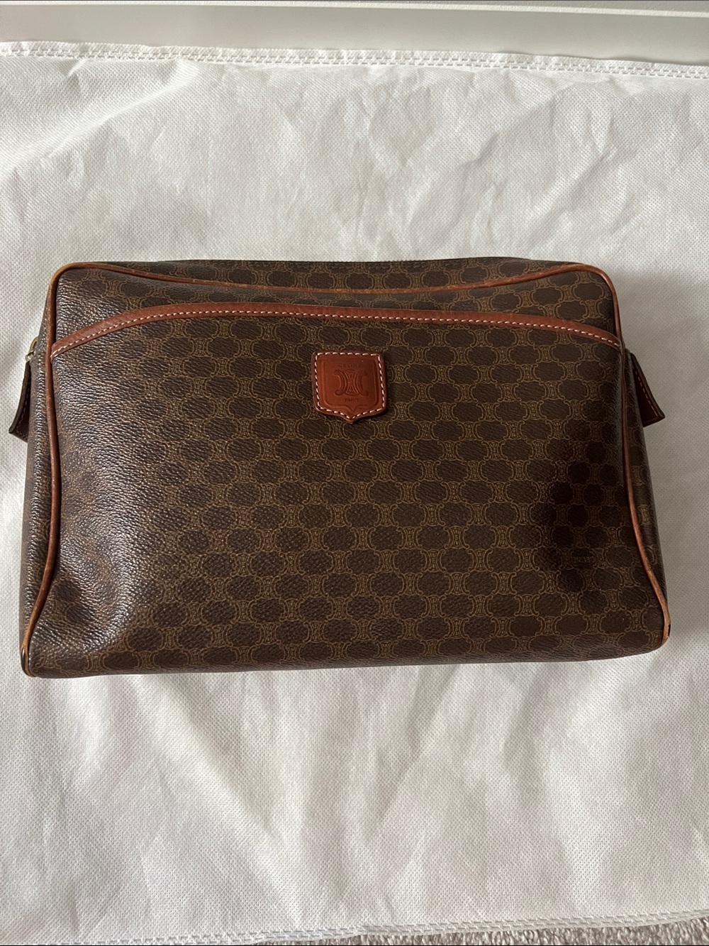 Celine Brown Monogram Canvas Toiletry Pouch with Tan Trim